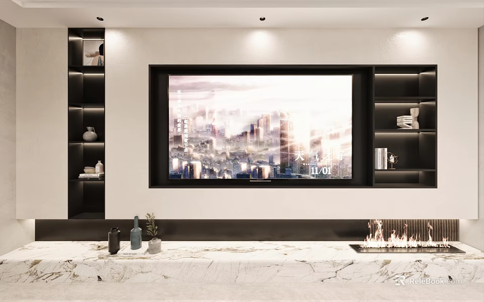 Modern Living Room With Wall Mounted TV Built In Shelves And Decor 3d model 
