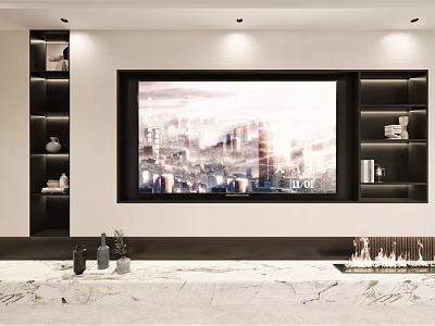 Modern Living Room With Wall Mounted TV Built In Shelves And Decor 3d model