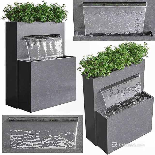 Stylish Garden Ornament With Black Stone Water Fountain and Green Plants On Top Design 3d model 