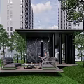 Modern Garden Landscape Design With Green Lawn Trees Stones And Sofa Coffee Table