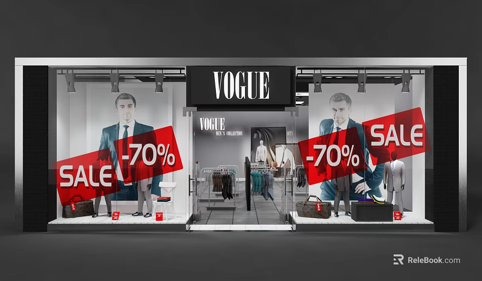 VOGUE Fashion Shop Window with 70 Percent Sale Mannequins Clothing and Bags 3d model 