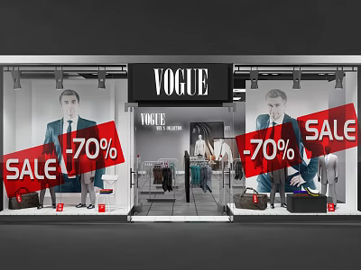 VOGUE Fashion Shop Window with 70 Percent Sale Mannequins Clothing and Bags 3d model