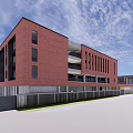 Modern Red Brick School Building Facade With Large Windows Open Green Space And Red Track