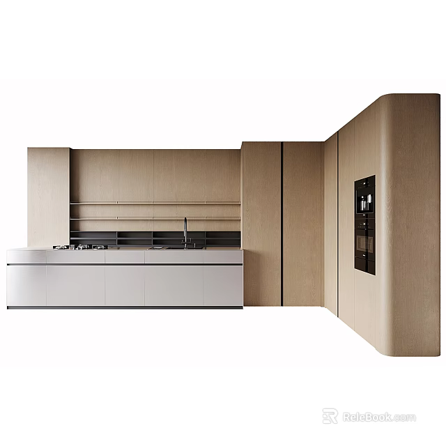 Modern Kitchen Interior With Light Wood Cabinets Island Counter And Built In Appliances 3d model 