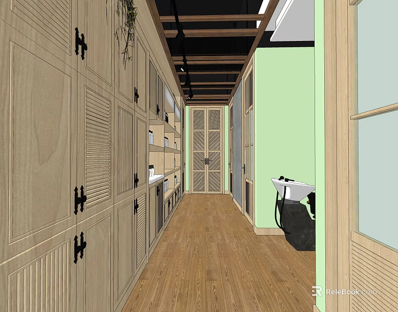 Elegant Beauty Hair Salon Interior With Wooden Cabinets Green Walls And White Sink 3d model 