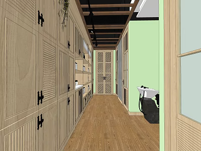 Elegant Beauty Hair Salon Interior With Wooden Cabinets Green Walls And White Sink 3d model