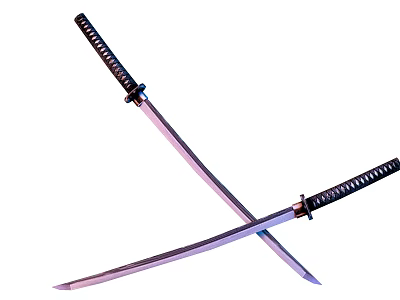Traditional Japanese Katanas Crossed With Purple Sheen On Blades Black Handles White Stripes 3d model