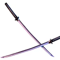 Traditional Japanese Katanas Crossed With Purple Sheen On Blades Black Handles White Stripes