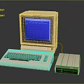 Vintage Retro Computer System with Monitor Blue Screen Keyboard External Drive and White Text