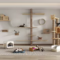 Indoor Cat Furniture Setup With Wooden Trees Beds And Cats Playing