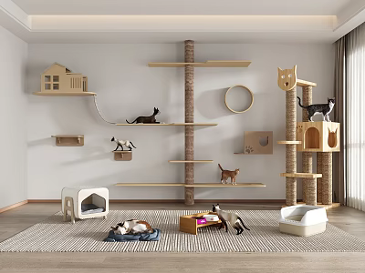 Indoor Cat Furniture Setup With Wooden Trees Beds And Cats Playing 3d model