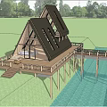 Detached Villa With Triangular Roof Wooden Deck And Autumn Trees By Pond