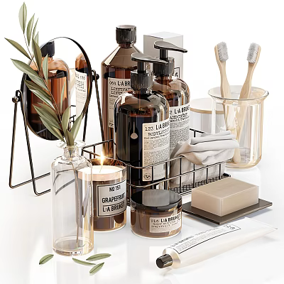 Modern Bathroom Accessories With Wooden Toothbrushes Soap Dispensers Metal Rack And Mirror 3d model