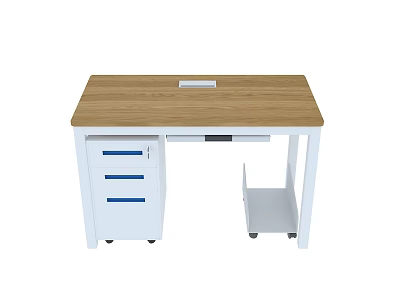 Practical Office Desk With Wooden Top White Frame Blue Handle Drawers And Rolling Side Shelf 3d model