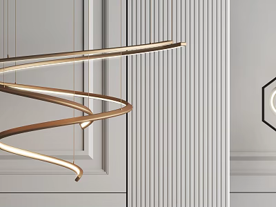 Modern Elegant Spiral Gold Metal Chandelier In Minimalist Interior With Striped Wall 3d model