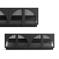 Black Arched TV Cabinet With Glass Doors Open And Internal Shelves