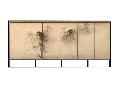 Japanese Style Sliding Curtain With Pine Tree Patterns And Beige Fabric 3d model