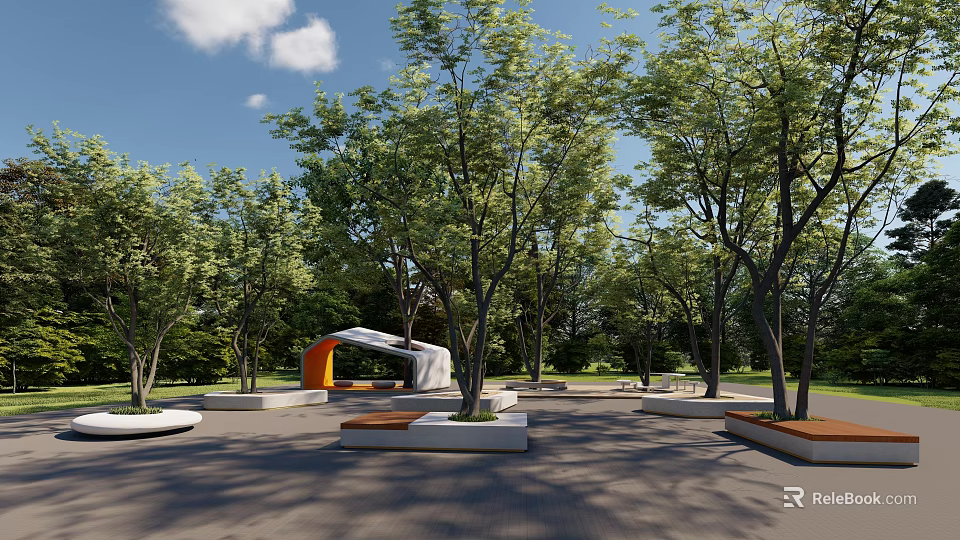 Modern Urban Park Tree Pits With Green Trees Seating And Paved Ground 3d model 