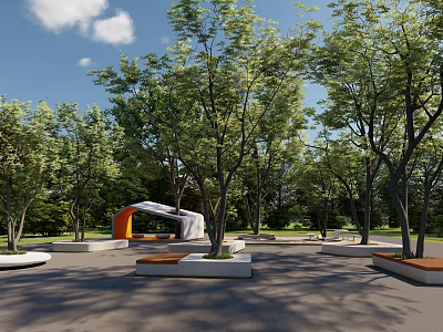 Modern Urban Park Tree Pits With Green Trees Seating And Paved Ground 3d model