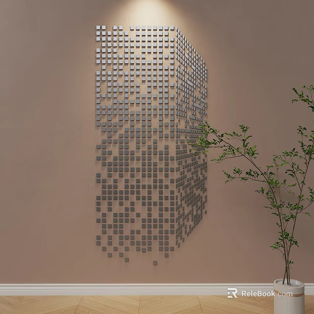 Modern Square Tile Wall Decor On Beige Wall With Green Plant 3d model