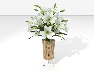White Lilies In Wicker Vase With Metal Stand And Green Leaves 3d model