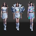 Three Women Walking In Stylish Modern Futuristic Outfits With Unique Shoulder Design And Colorful Details