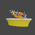 Cheerful Orange Cartoon Character Holding Yellow Rubber Duck With Bubbles