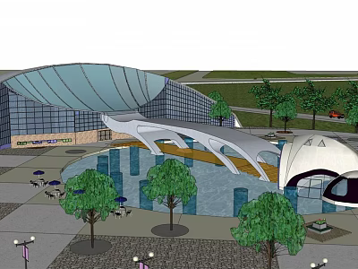 Modern Public Architectural Structure Featuring Curved Roof Water Pool Trees And Outdoor Landscaping 3d model