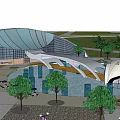 Modern Public Architectural Structure Featuring Curved Roof Water Pool Trees And Outdoor Landscaping