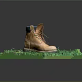 Brown Leather Work Boot With Dark Collar And Lace Up Design On Green Grass Platform