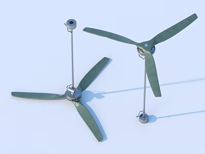 Two Green Three Blade Fan Blades With Metal Brackets And Bases For Household Use 3d model Two Green Three Blade Fan Blades With Metal Brackets And Bases For Household Use 3d model