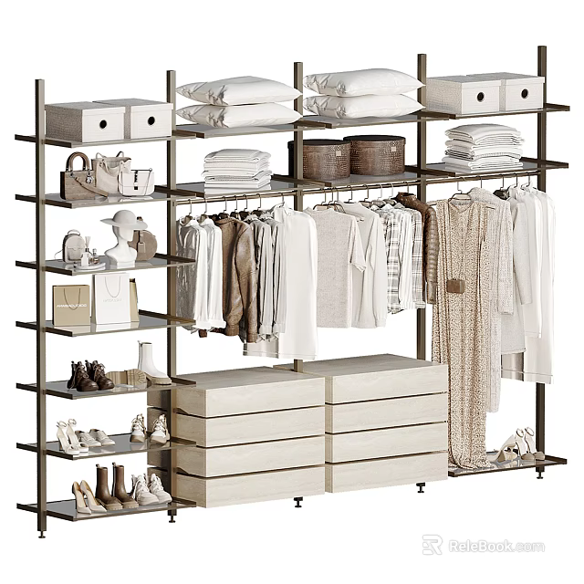 Modern Open Closet Design With Shelves Drawers Hanging Clothes Storage Boxes And Shoes 3d model 