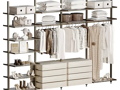 Modern Open Closet Design With Shelves Drawers Hanging Clothes Storage Boxes And Shoes 3d model