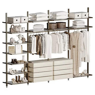 Modern Open Closet Design With Shelves Drawers Hanging Clothes Storage Boxes And Shoes 3d model