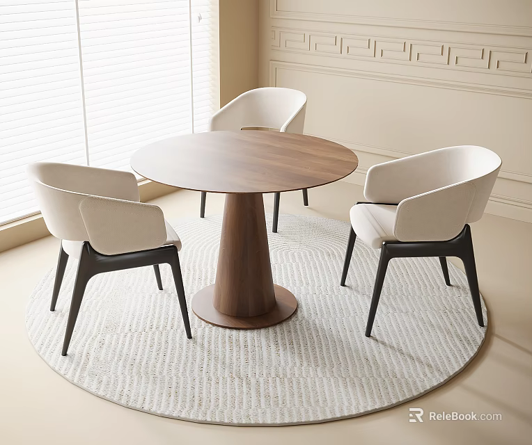 Modern Round Wooden Dining Table with Light Chairs and Black Legs on Round Rug 3d model 
