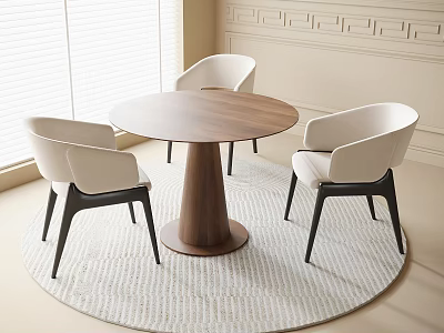 Modern Round Wooden Dining Table with Light Chairs and Black Legs on Round Rug 3d model