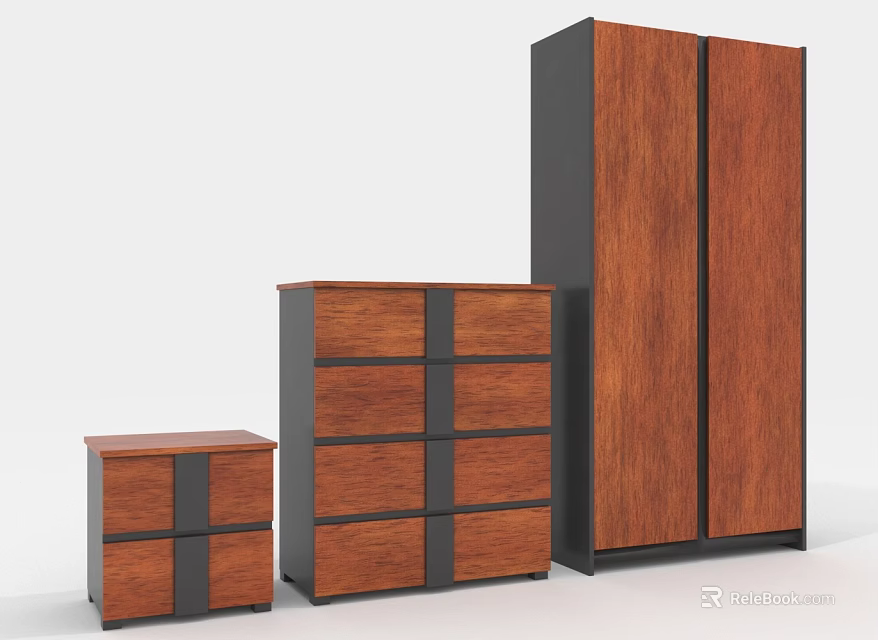 Modern Wooden Furniture Set With Small Drawer Chest Medium Cabinet And Tall Dark Frame Wardrobe 3d model 