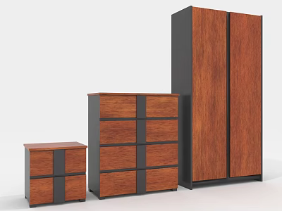 Modern Wooden Furniture Set With Small Drawer Chest Medium Cabinet And Tall Dark Frame Wardrobe 3d model