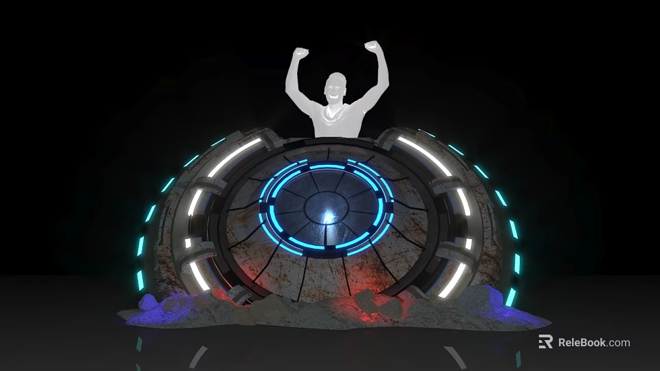 Commercial Equipment With Circular Blue White Lighting Raised Arms Human Figure And Rock Base 3d model 