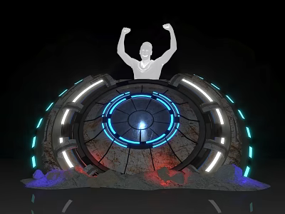 Commercial Equipment With Circular Blue White Lighting Raised Arms Human Figure And Rock Base 3d model