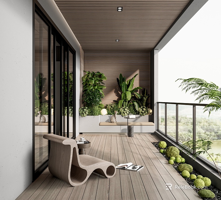Relaxing Home Balcony Design With Wooden Flooring Greenery Leisure Chair And Natural Scenery 3d model 