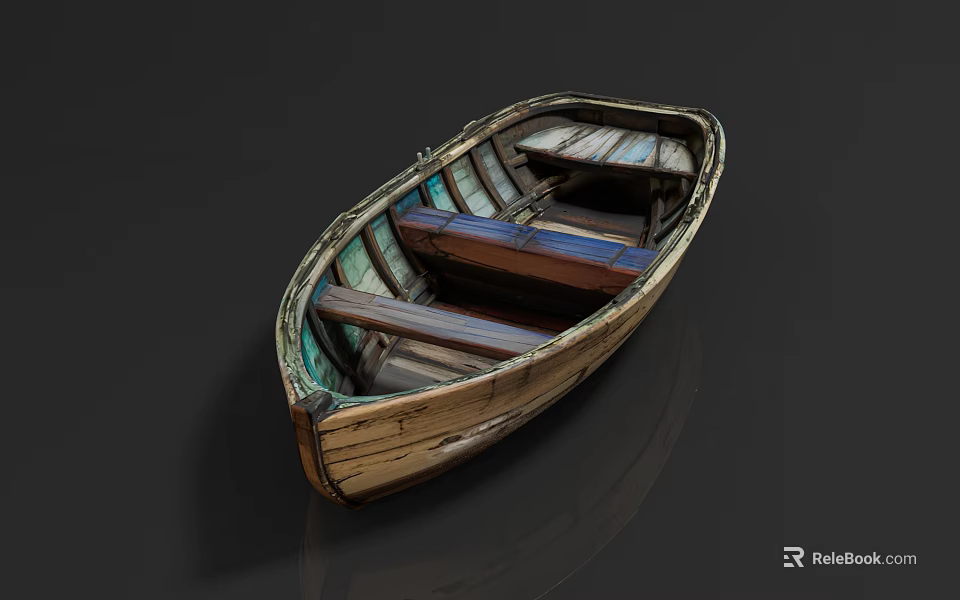 Vintage Wooden Boat With Weathered Planks And Wooden Seats On Dark Surface 3d model 