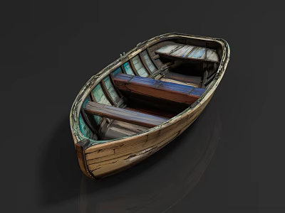 Vintage Wooden Boat With Weathered Planks And Wooden Seats On Dark Surface 3d model