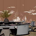 Chinese Style Private Dining Room Interior With Round Table Tableware And Landscape Painting Wall 3d model
