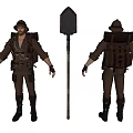 Detailed Woman in Brown Adventure Clothing Front and Back Full Body Views with Shovel