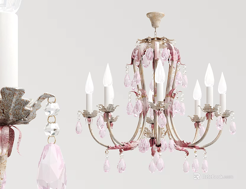 Pink Crystal Chandelier With Candle Shaped Lights And Hanging Decorative Elements 3d model