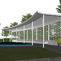 Modern White Pergola With Lattice Structure Green Lawn And Water Feature In Residential Area 3d model
