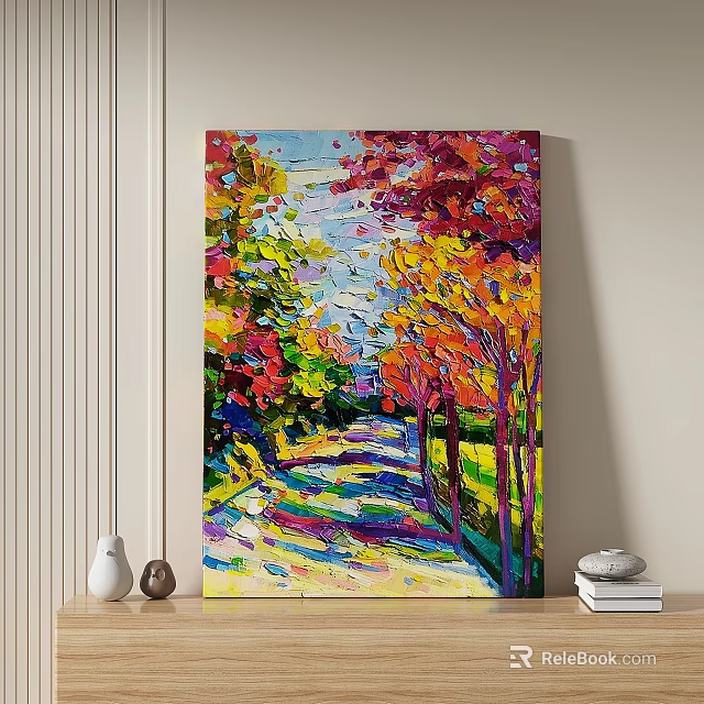 Vibrant Autumn Landscape Oil Painting With Colorful Trees And Sunlit Path 3d model 
