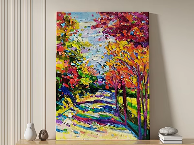 Vibrant Autumn Landscape Oil Painting With Colorful Trees And Sunlit Path 3d model