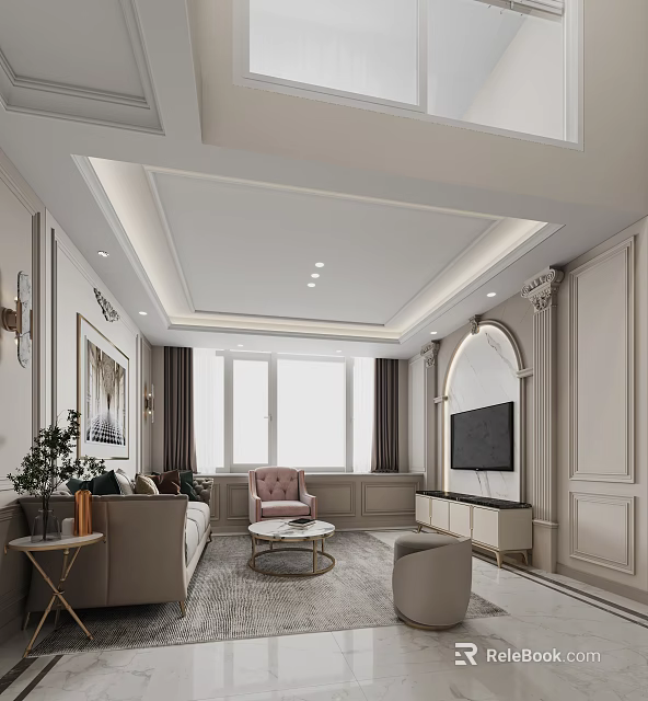 Modern Apartment Living Room Interior Design With Sofa Coffee Table TV Windows And Decorative Art 3d model 